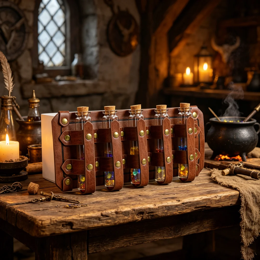 UYEE Medieval Leather Vial Holder Waist Sash, Alchemy Potion Bottle Carrier for LARP Viking Cosplay Belt