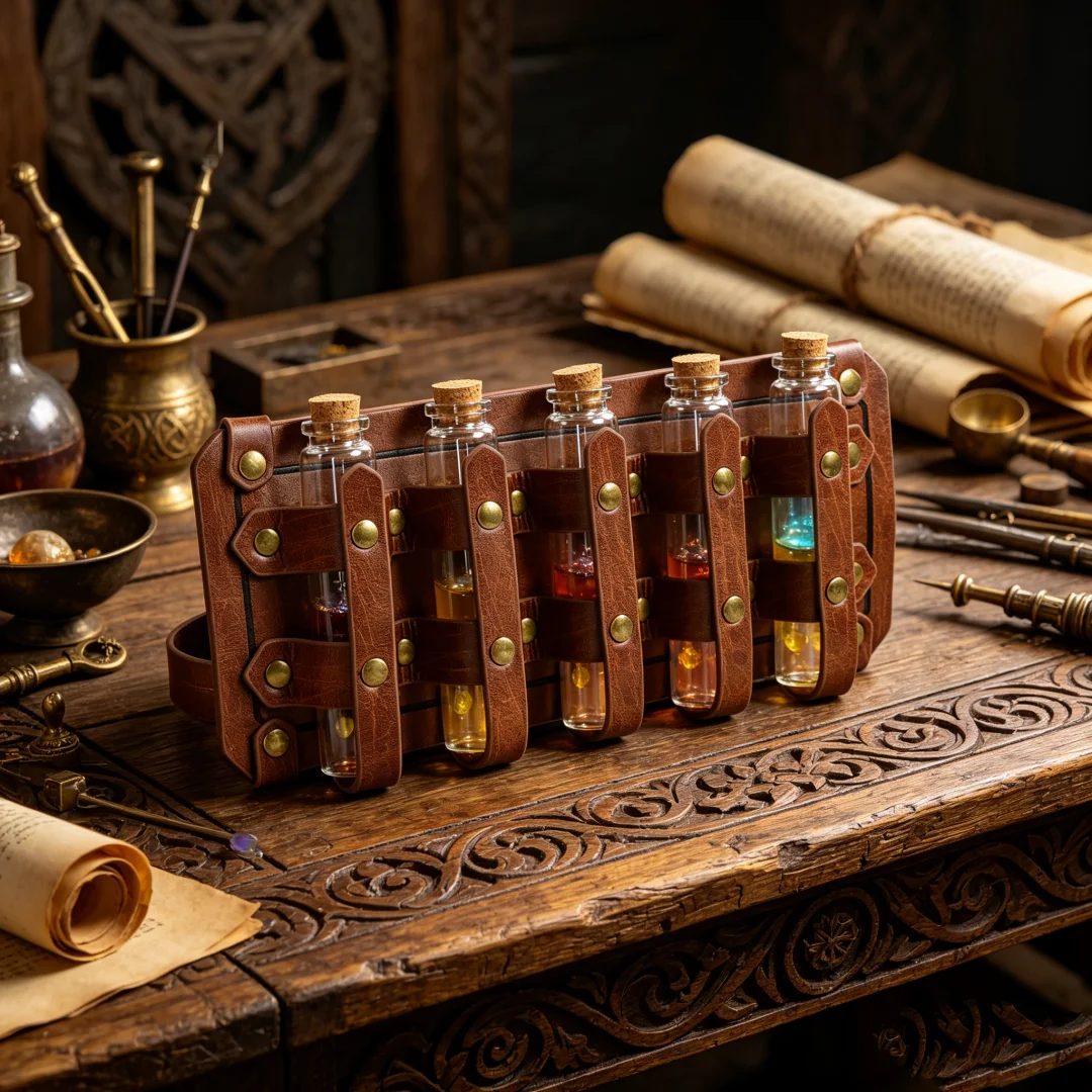 UYEE Medieval Leather Vial Holder Waist Sash, Alchemy Potion Bottle Carrier for LARP Viking Cosplay Belt
