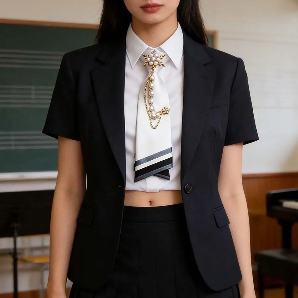 No-Sew Design Beaded Floral Necktie Pearl Chain Decoration Satin Material Double Layer Necktie Double Layer Satin Neck Accessory