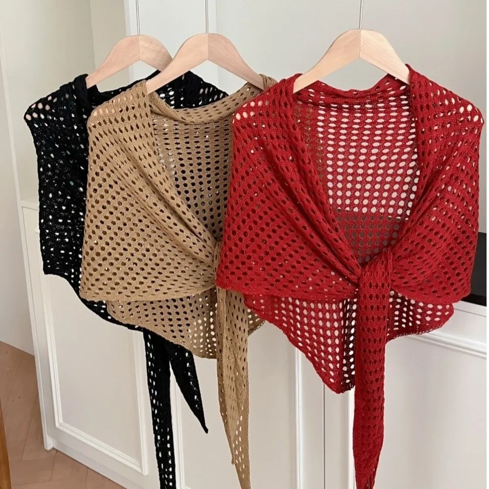 Fashion Hollow Out Triangle Scarf Shawl Breathable Solid Color Knitted Scarf Lightweight Sun Protection Women Shawl Wrap