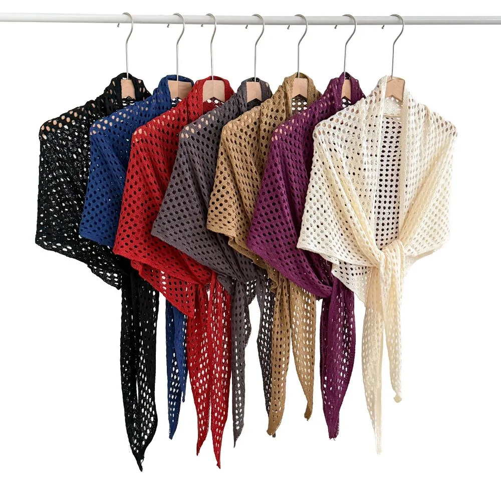Fashion Hollow Out Triangle Scarf Shawl Breathable Solid Color Knitted Scarf Lightweight Sun Protection Women Shawl Wrap
