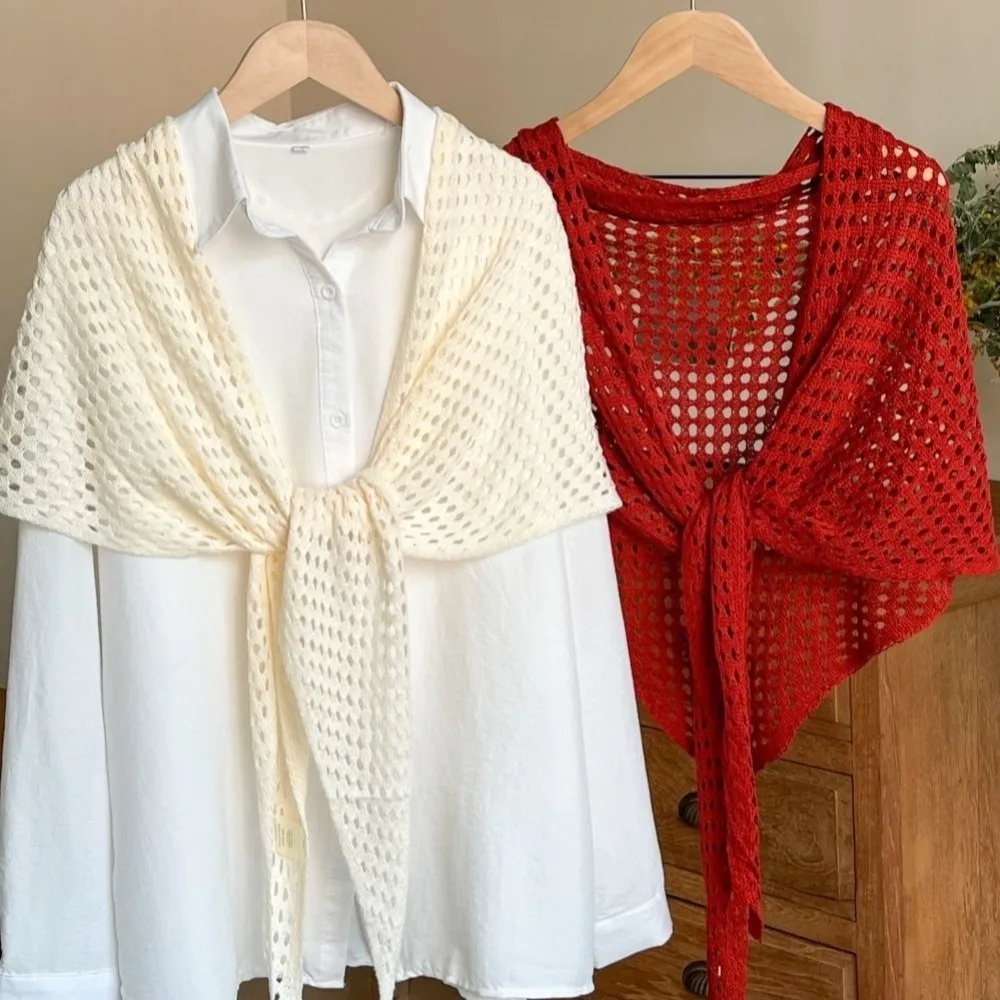 Fashion Hollow Out Triangle Scarf Shawl Breathable Solid Color Knitted Scarf Lightweight Sun Protection Women Shawl Wrap