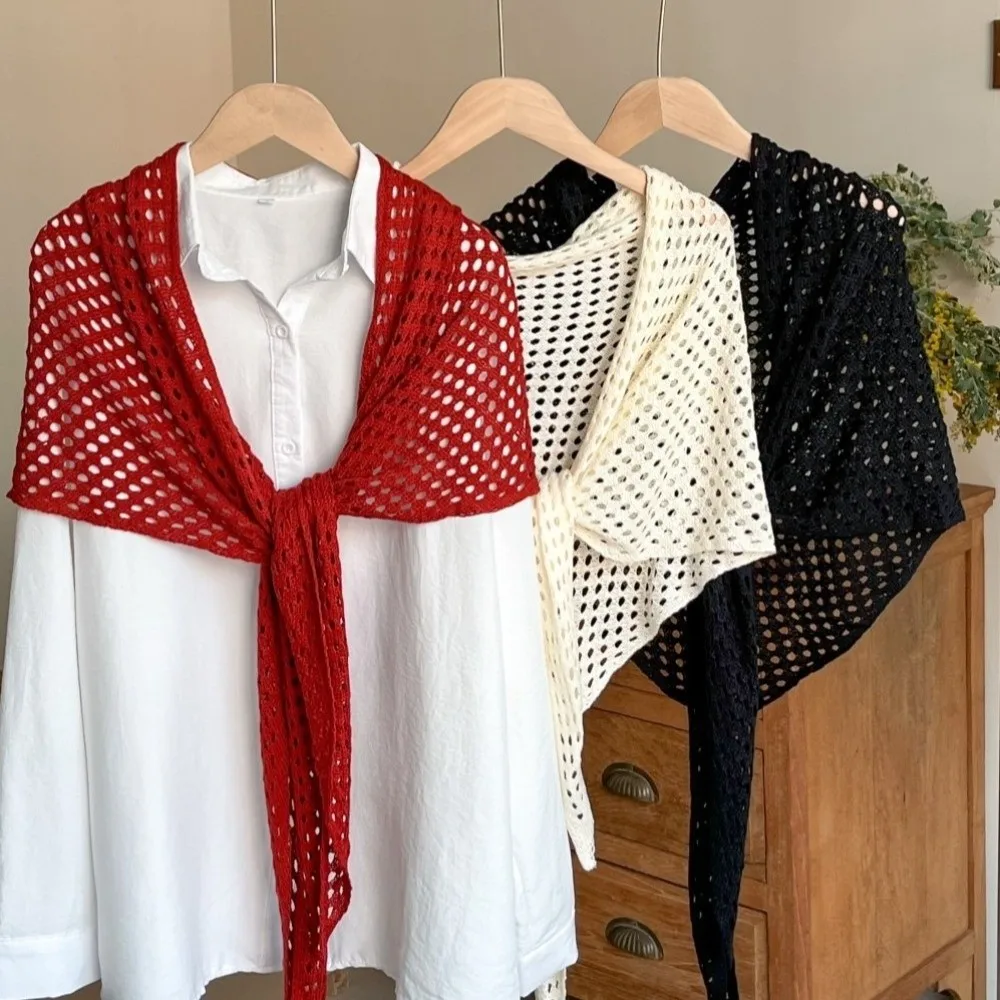 Fashion Hollow Out Triangle Scarf Shawl Breathable Solid Color Knitted Scarf Lightweight Sun Protection Women Shawl Wrap