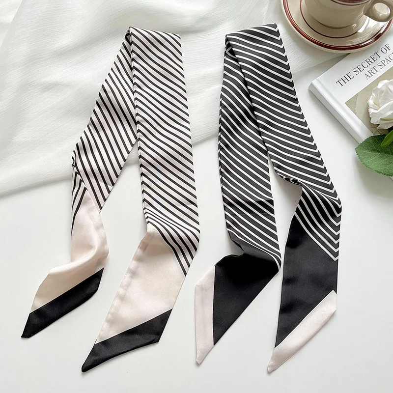 New Slim And Long 80x6CM Small Scarf For Women Versatile Black Striped Hair Tie Bag Decoration Scarves Party Gift