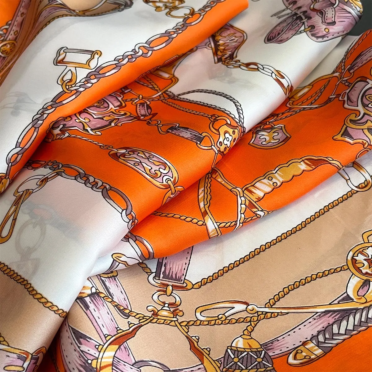 Luxury Brand 2025 Chain Print Square Silk Scarf for Women Hijab Hair Bands 70cm Neckerchief Female Satin Shawl Ribbon Headband