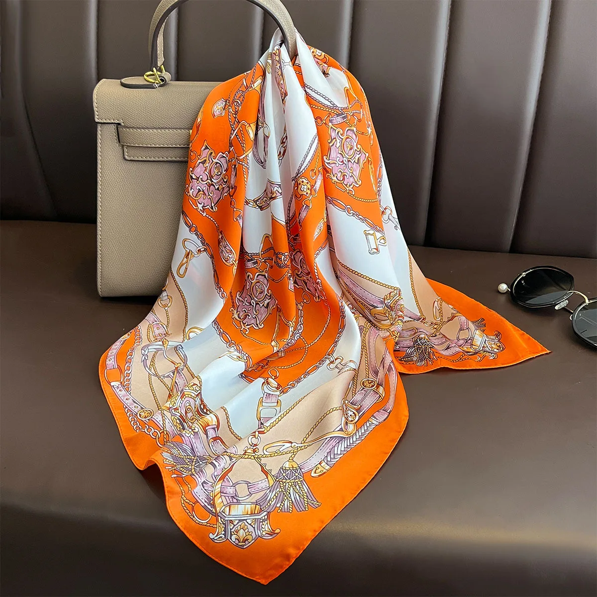 Luxury Brand 2025 Chain Print Square Silk Scarf for Women Hijab Hair Bands 70cm Neckerchief Female Satin Shawl Ribbon Headband