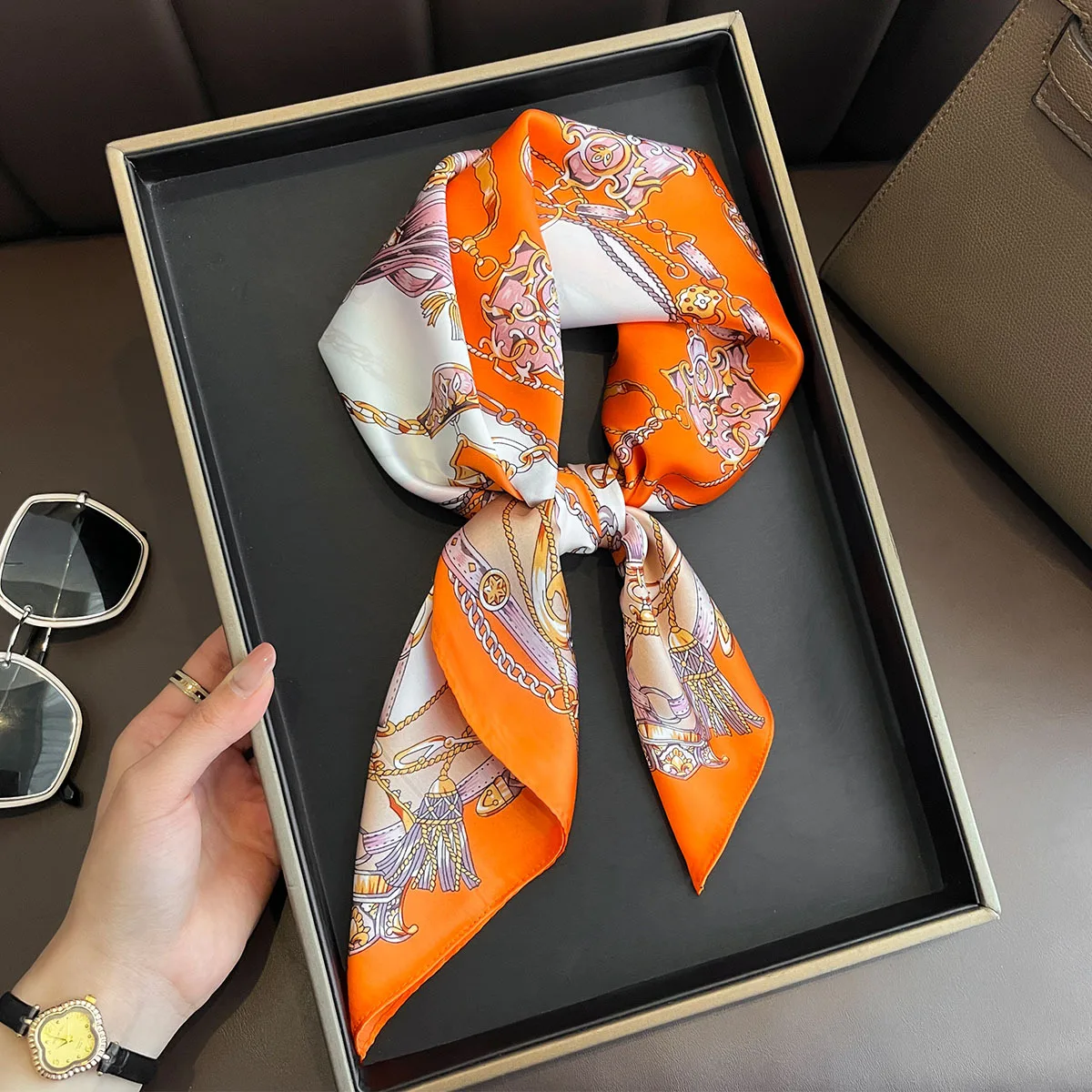 Luxury Brand 2025 Chain Print Square Silk Scarf for Women Hijab Hair Bands 70cm Neckerchief Female Satin Shawl Ribbon Headband