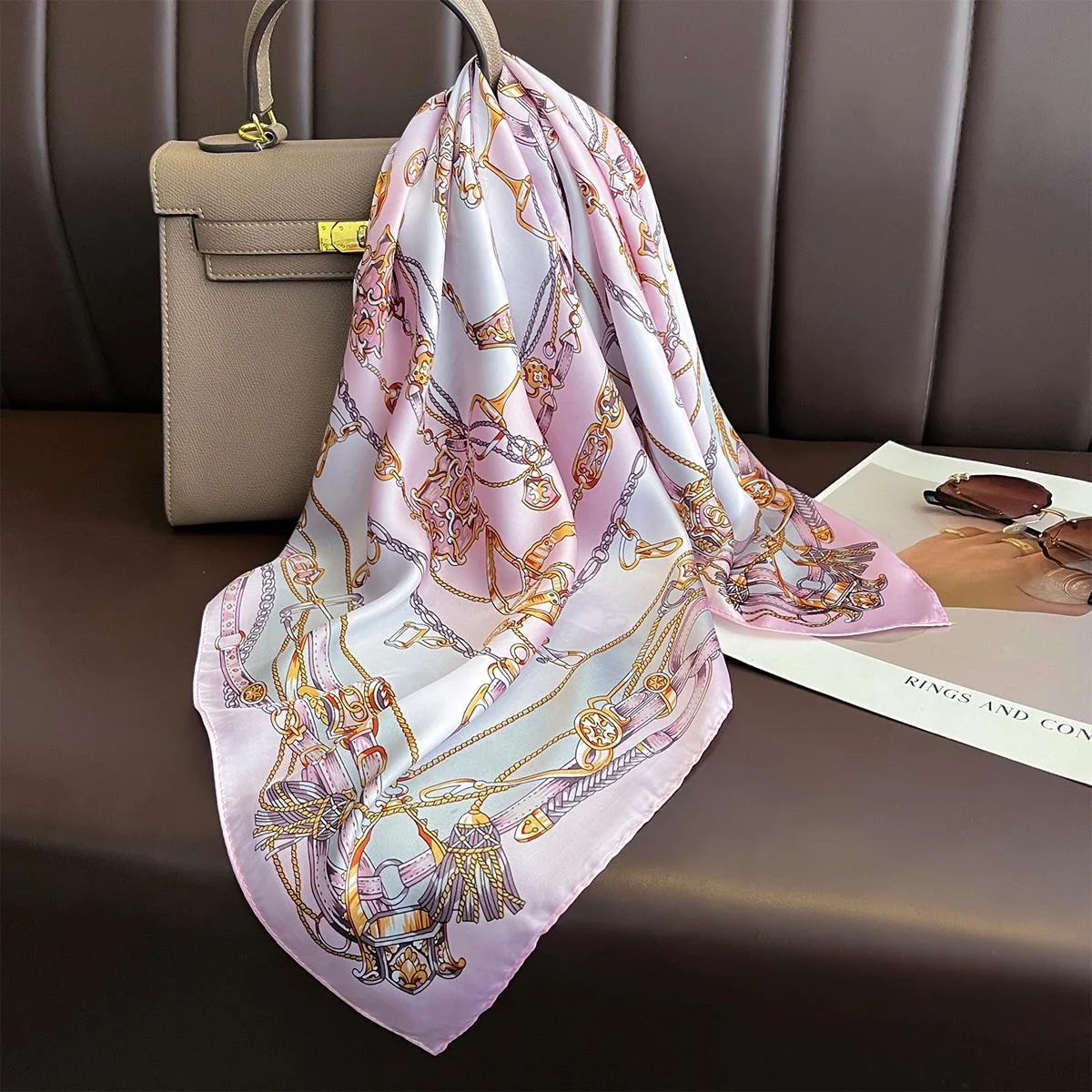 Luxury Brand 2025 Chain Print Square Silk Scarf for Women Hijab Hair Bands 70cm Neckerchief Female Satin Shawl Ribbon Headband