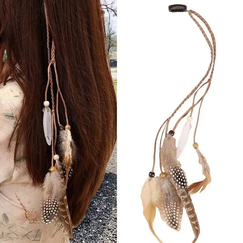 Festive Women's Masquerade Feather Hairband, Bohemian Indian Prom Gypsy Headwear with Long Tassel Hair Decorations
