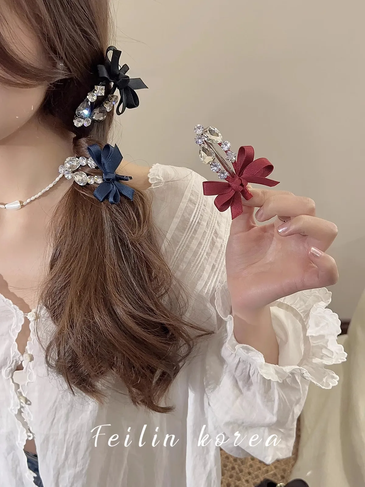1 Pcs Women's Hair Clip Korean Rhinestone Bow Fabric Simple Fashionable Versatile Hair Pins Sweet Cute Hair Accessories For Girl