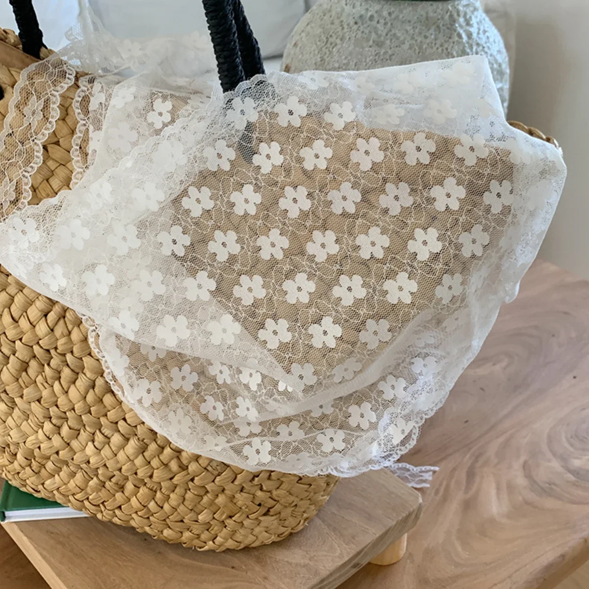 White Sweet Lace Flower Scarf Elegant Feminine Headband Thin Breathable Artistic Style Travel Accessory