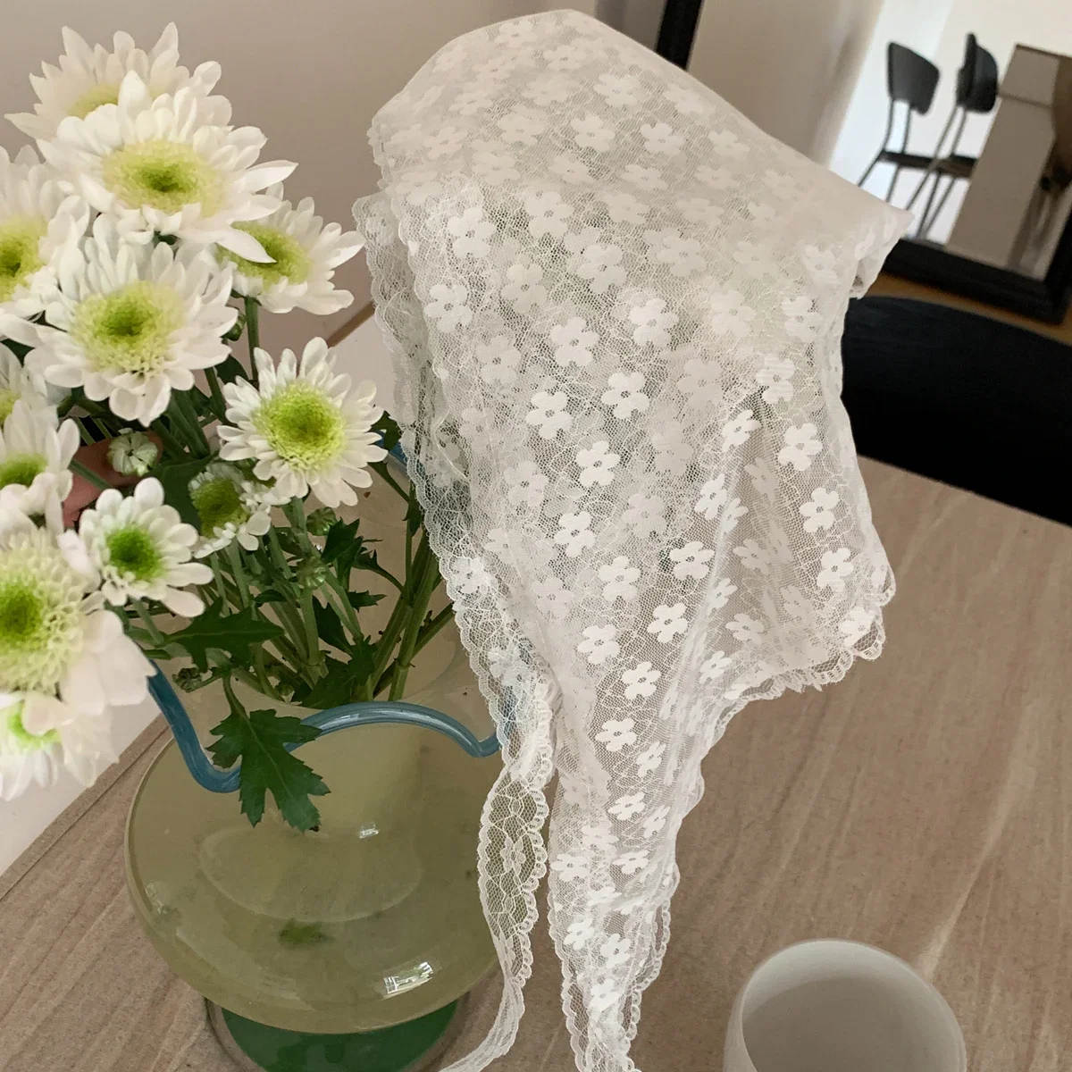 White Sweet Lace Flower Scarf Elegant Feminine Headband Thin Breathable Artistic Style Travel Accessory