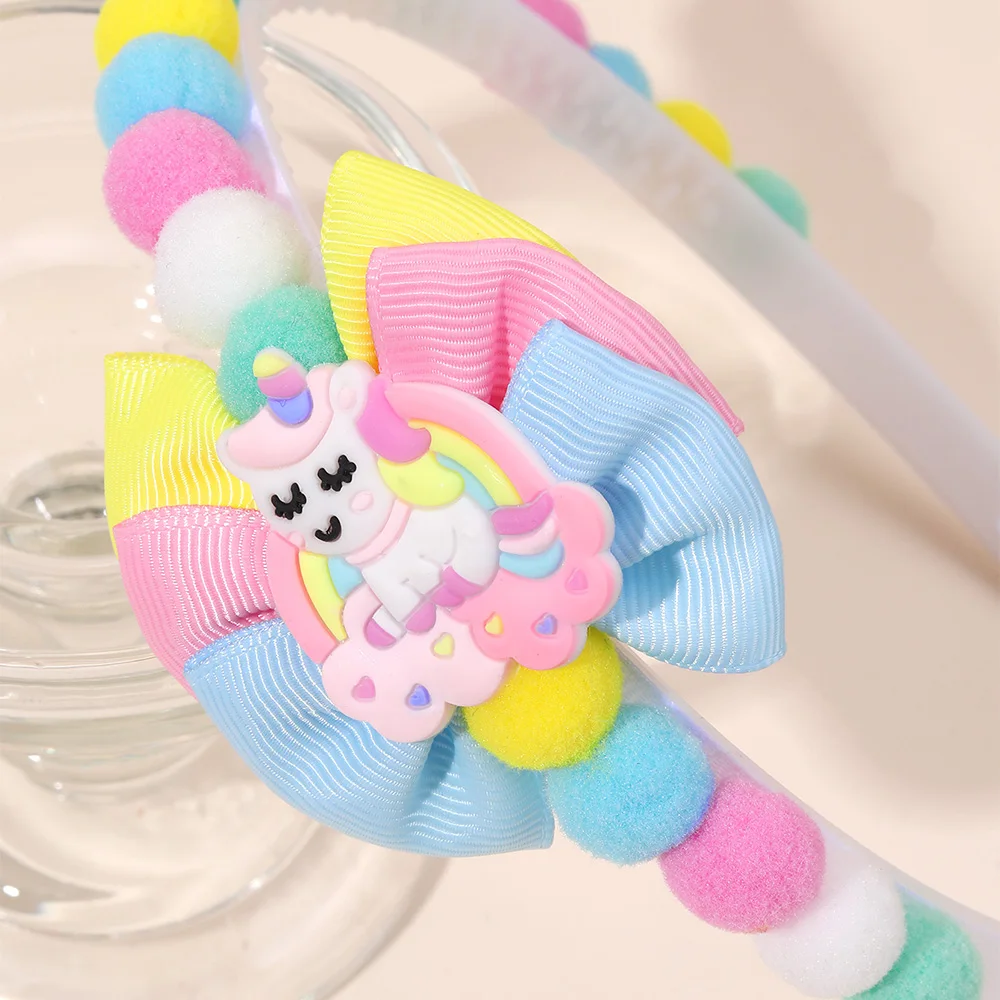 2Pcs Rabbit Fur Ball Headband Cute Rainbow Cartoon Unicorn Bow Hair Bands For Girls Children Kids Diadem Headdress Accessories
