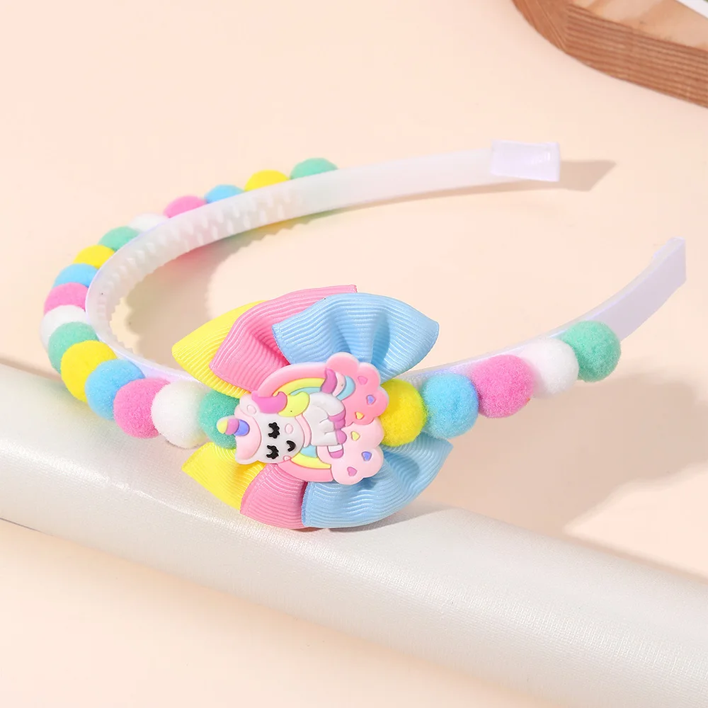 2Pcs Rabbit Fur Ball Headband Cute Rainbow Cartoon Unicorn Bow Hair Bands For Girls Children Kids Diadem Headdress Accessories