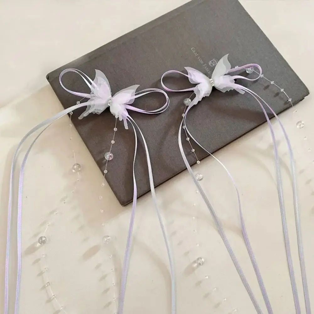 1PC Bowknot Ribbon Butterfly Hair Clips Glass Beaded Y2K Style Long Tassels Hairpins Rhinestone Ponytail Headdress Women