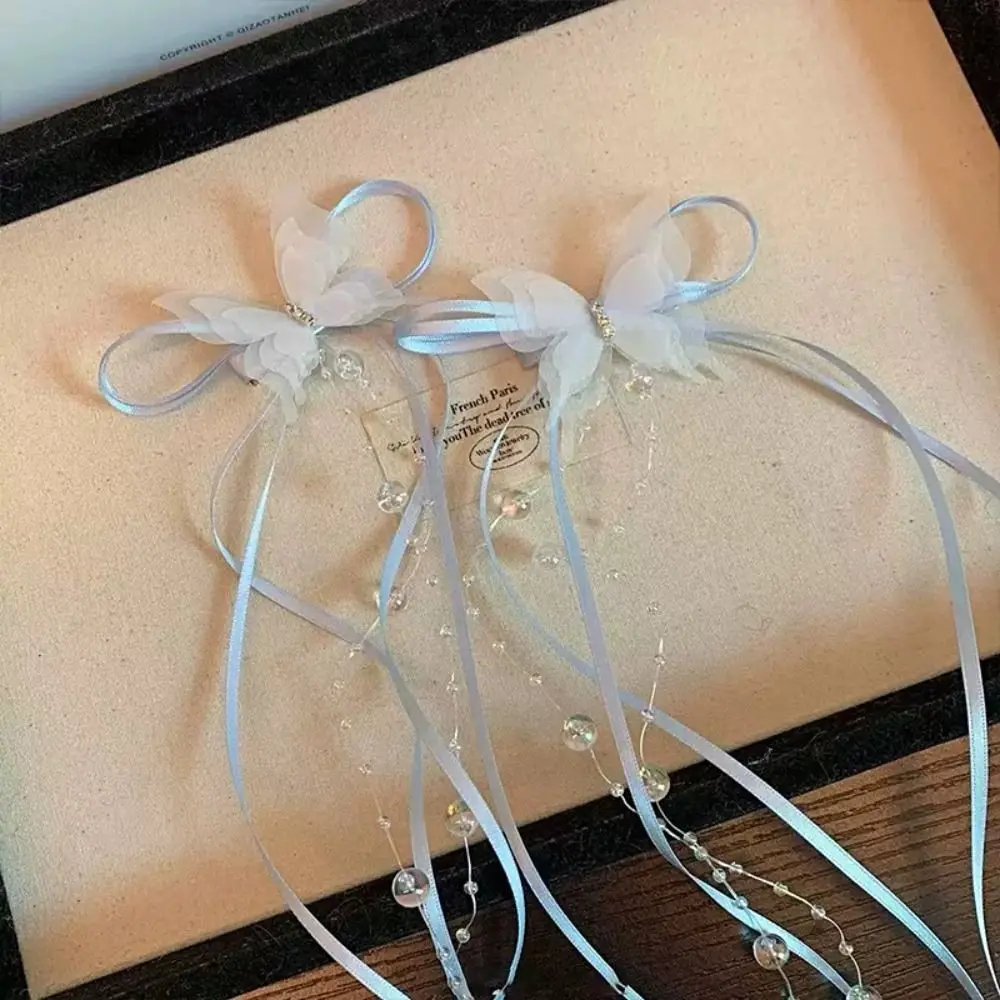 1PC Bowknot Ribbon Butterfly Hair Clips Glass Beaded Y2K Style Long Tassels Hairpins Rhinestone Ponytail Headdress Women