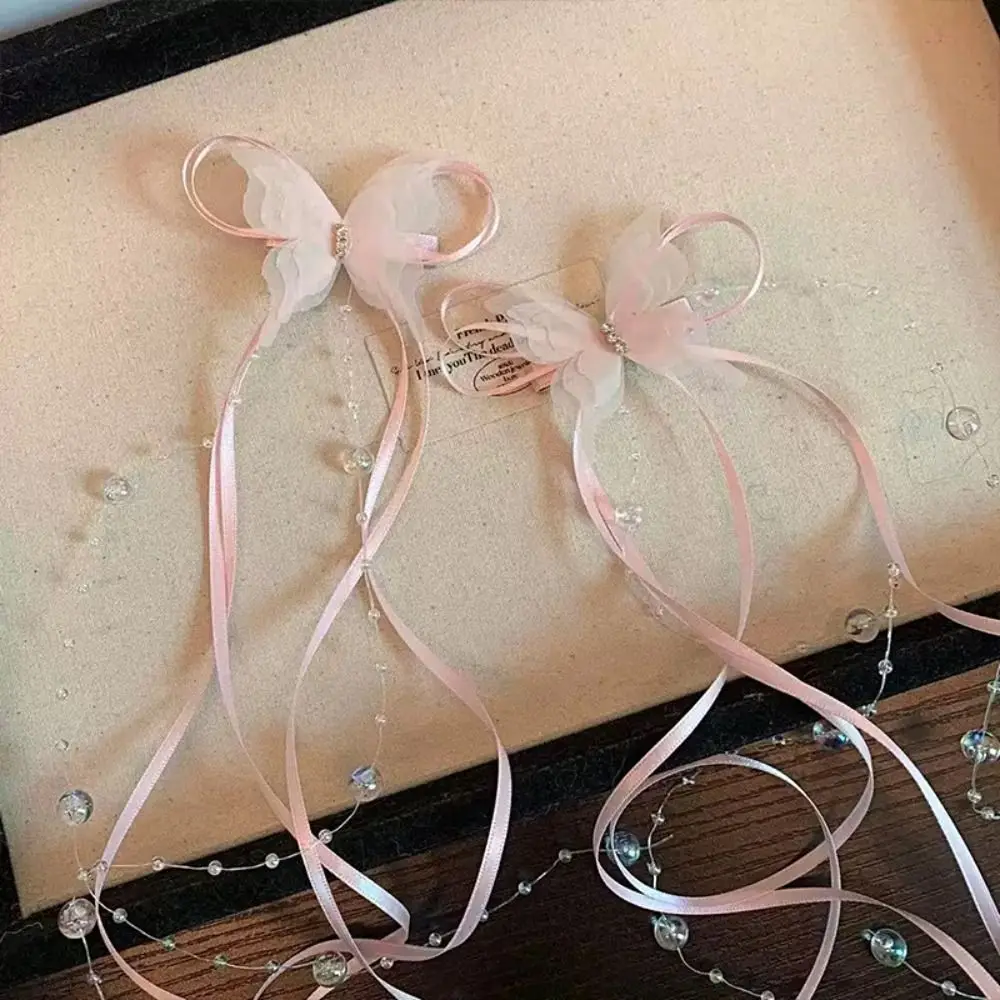 1PC Bowknot Ribbon Butterfly Hair Clips Glass Beaded Y2K Style Long Tassels Hairpins Rhinestone Ponytail Headdress Women