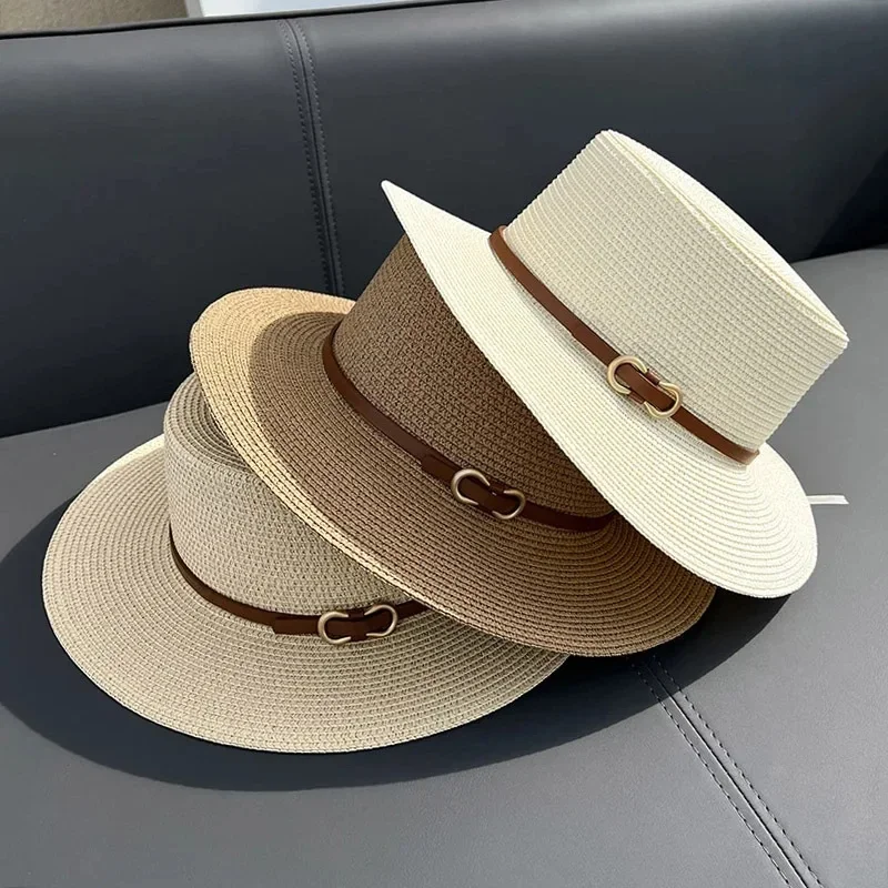 Simple Straw Summer Women Beach Hat Female Casual Panama Hat Women Flat Brim Bowknot Straw Cap Girls Sun Hat