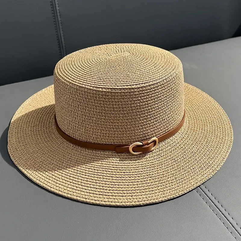 Simple Straw Summer Women Beach Hat Female Casual Panama Hat Women Flat Brim Bowknot Straw Cap Girls Sun Hat