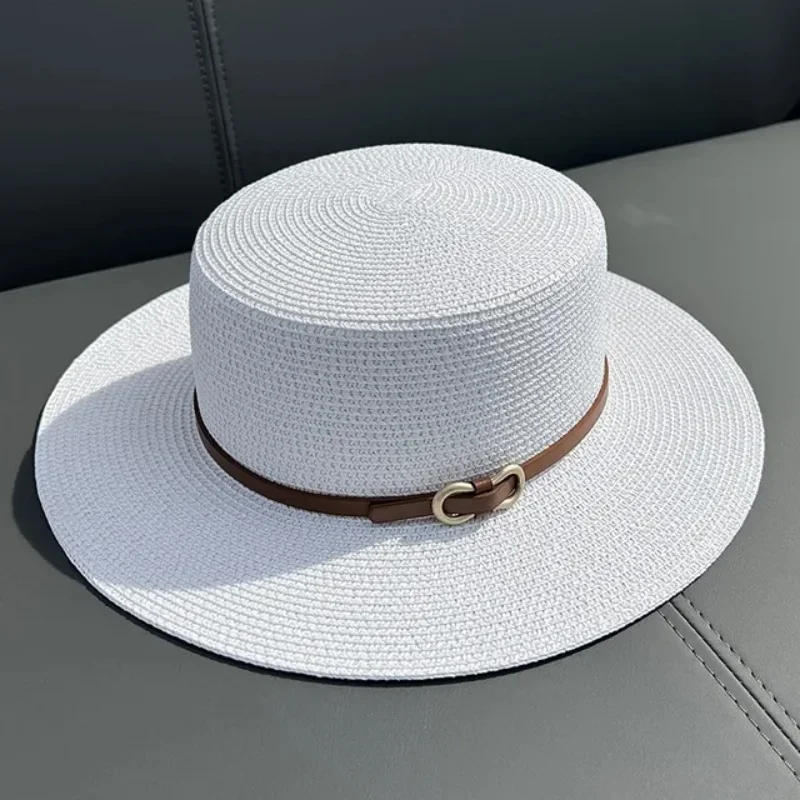 Simple Straw Summer Women Beach Hat Female Casual Panama Hat Women Flat Brim Bowknot Straw Cap Girls Sun Hat