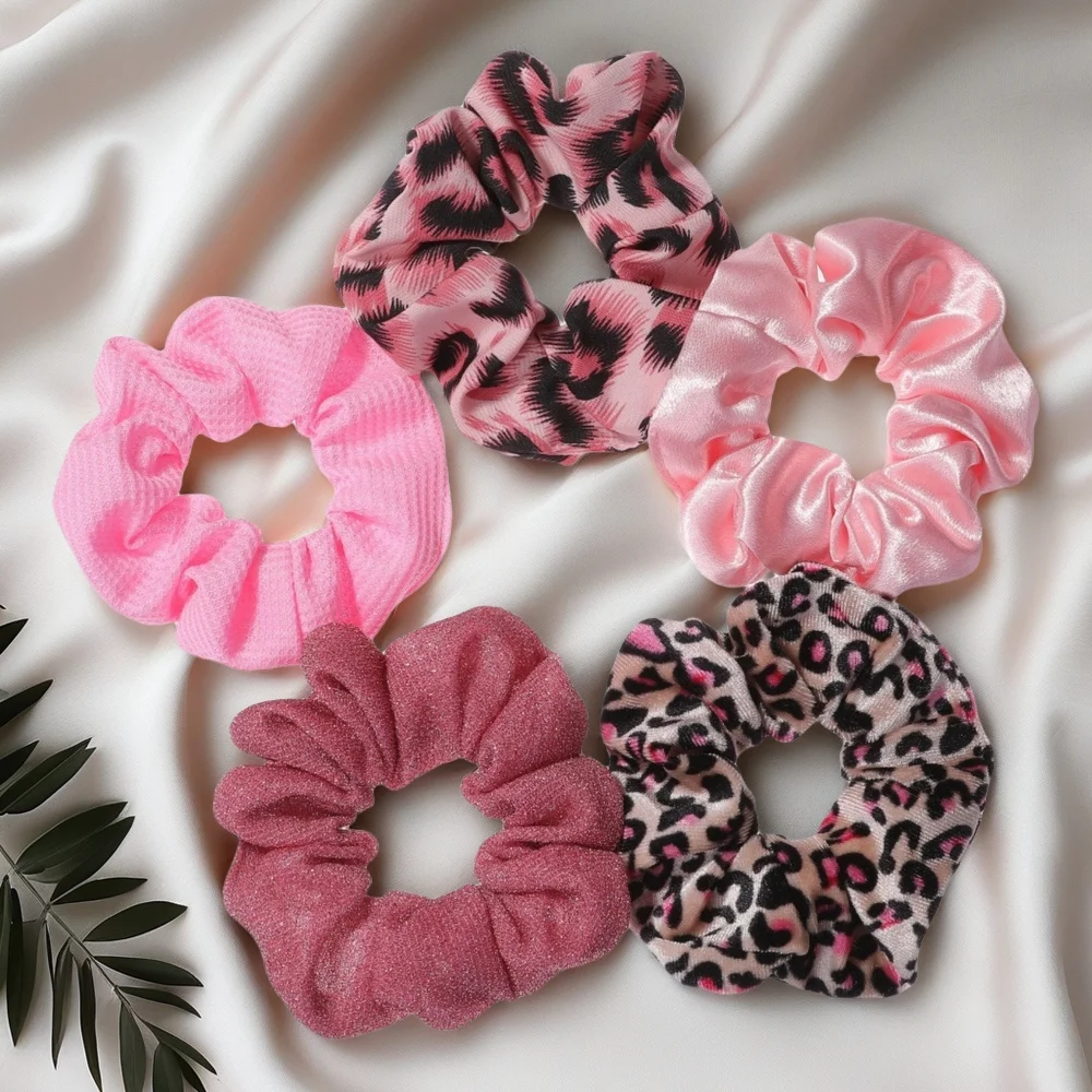 5pcs/lot Scrunchies Hair Elastic Scrunchy Ties Ropes for Ponytail Holders Floral No crease Pink Leopard Cute Purple