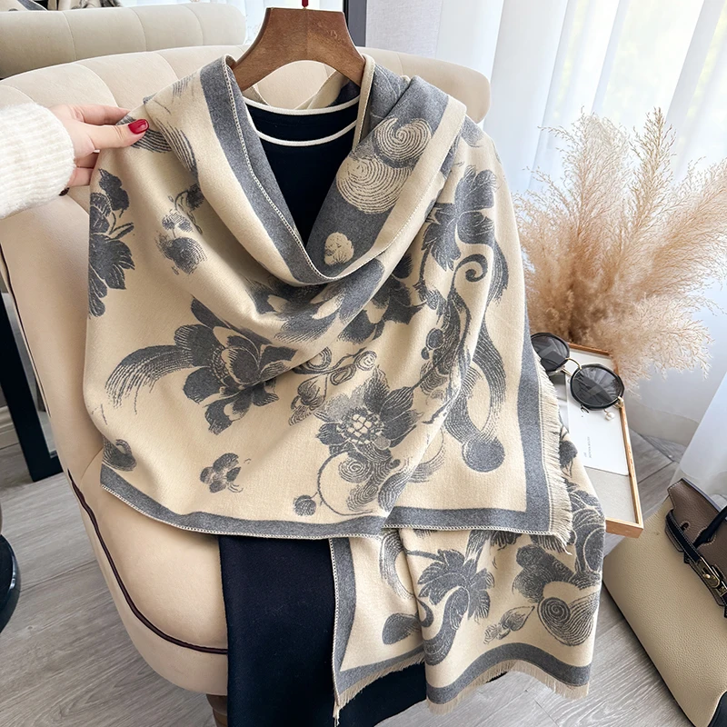 New 2025 Women Fashion Brand lotus Scarf Luxury Autumn Winter Warm Shawls Print Scarve Pashmina Mujer Femme Foulard Bufanda
