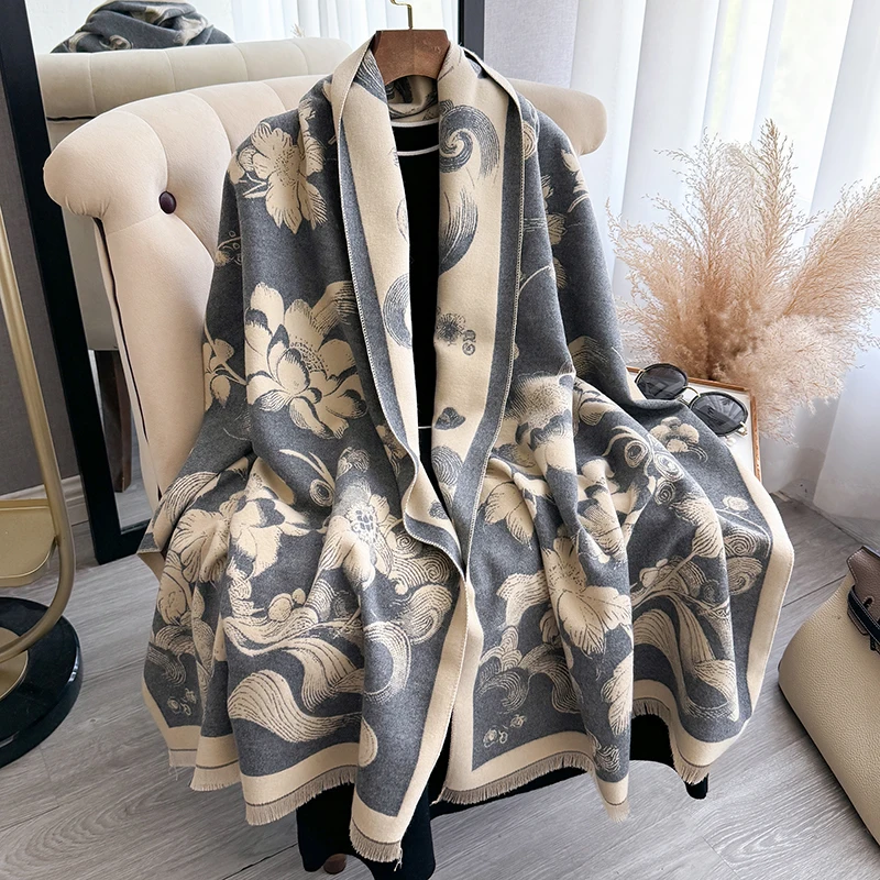 New 2025 Women Fashion Brand lotus Scarf Luxury Autumn Winter Warm Shawls Print Scarve Pashmina Mujer Femme Foulard Bufanda