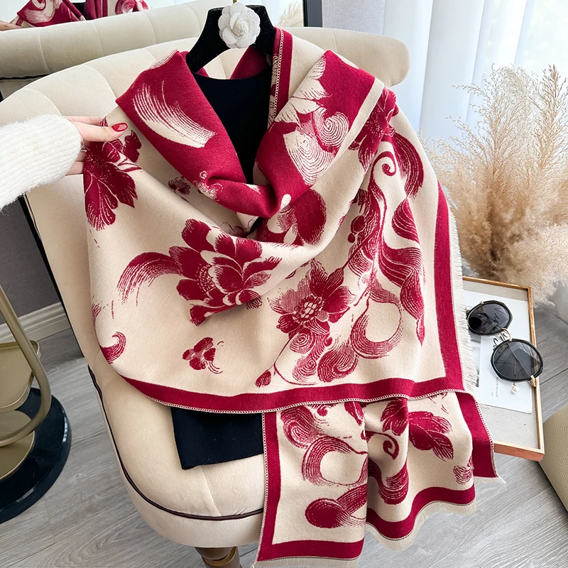 New 2025 Women Fashion Brand lotus Scarf Luxury Autumn Winter Warm Shawls Print Scarve Pashmina Mujer Femme Foulard Bufanda