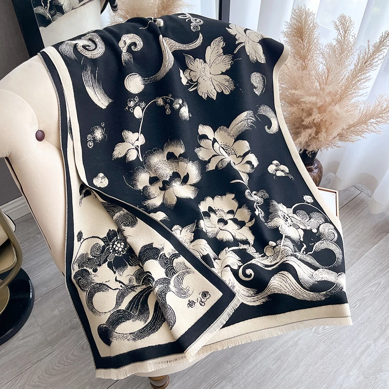 New 2025 Women Fashion Brand lotus Scarf Luxury Autumn Winter Warm Shawls Print Scarve Pashmina Mujer Femme Foulard Bufanda