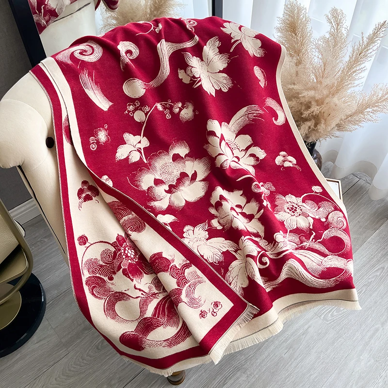 New 2025 Women Fashion Brand lotus Scarf Luxury Autumn Winter Warm Shawls Print Scarve Pashmina Mujer Femme Foulard Bufanda