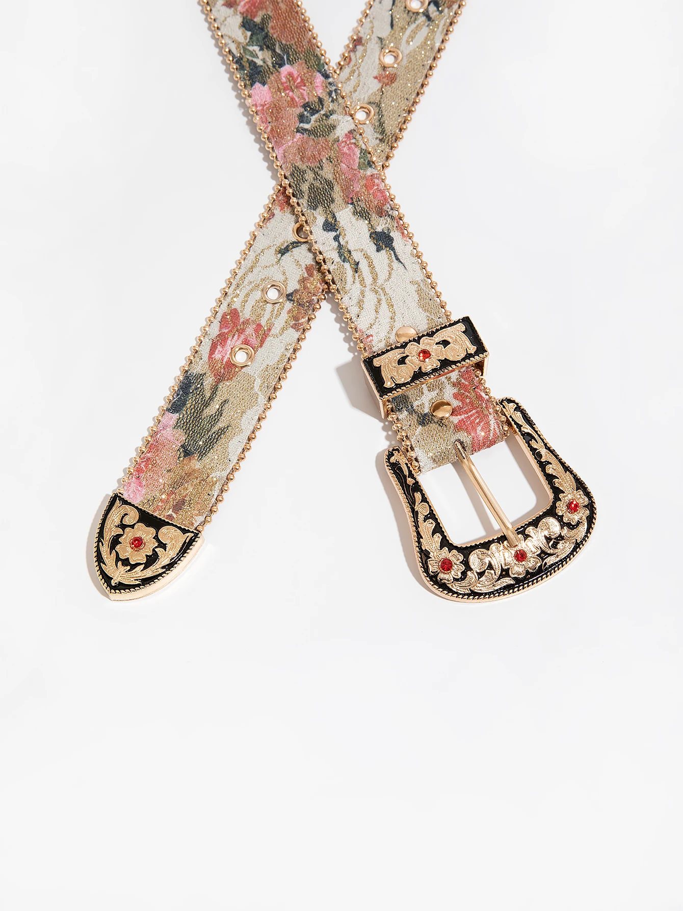 1pc women's gemstone engraved buckle multi-color palace style irregular flower embroidery oil painting pattern PU belt