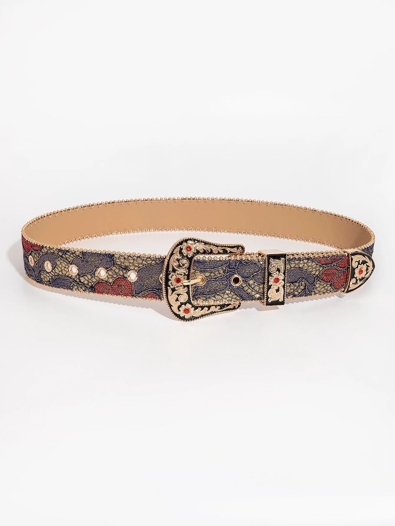 1pc women's gemstone engraved buckle multi-color palace style irregular flower embroidery oil painting pattern PU belt