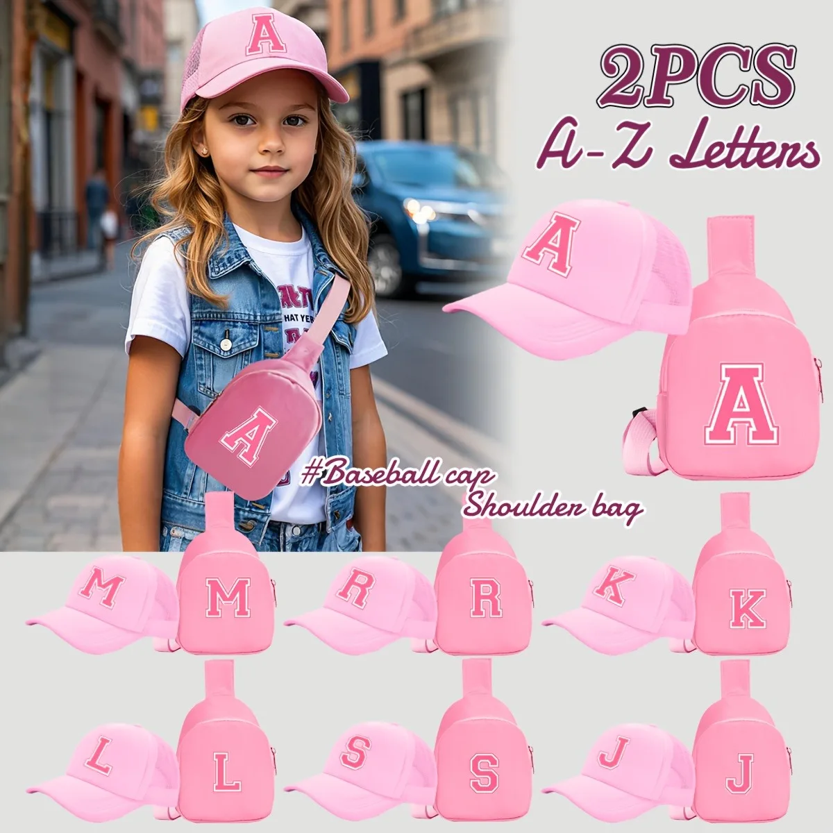 2pcs children's 26-letter printed truck driver hat and chest bag set, lightweight all-in-one visor, suitable for girls' daily