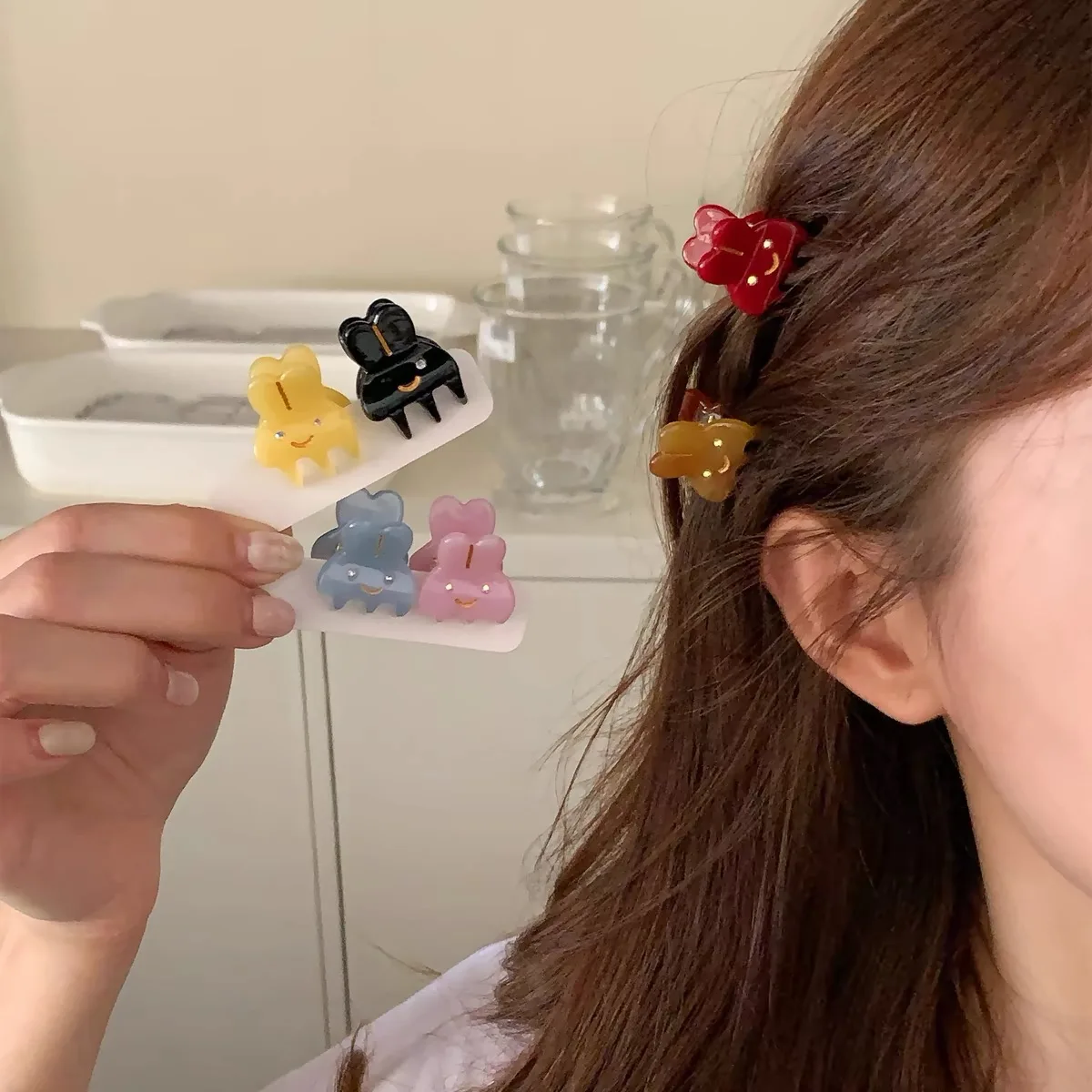 2pcs/set Acetate Mini Hair Claw Clip Small Size Cute Sweet Rabbit Animal Geometric Hair Clips Side Pins Women Hair Accessories