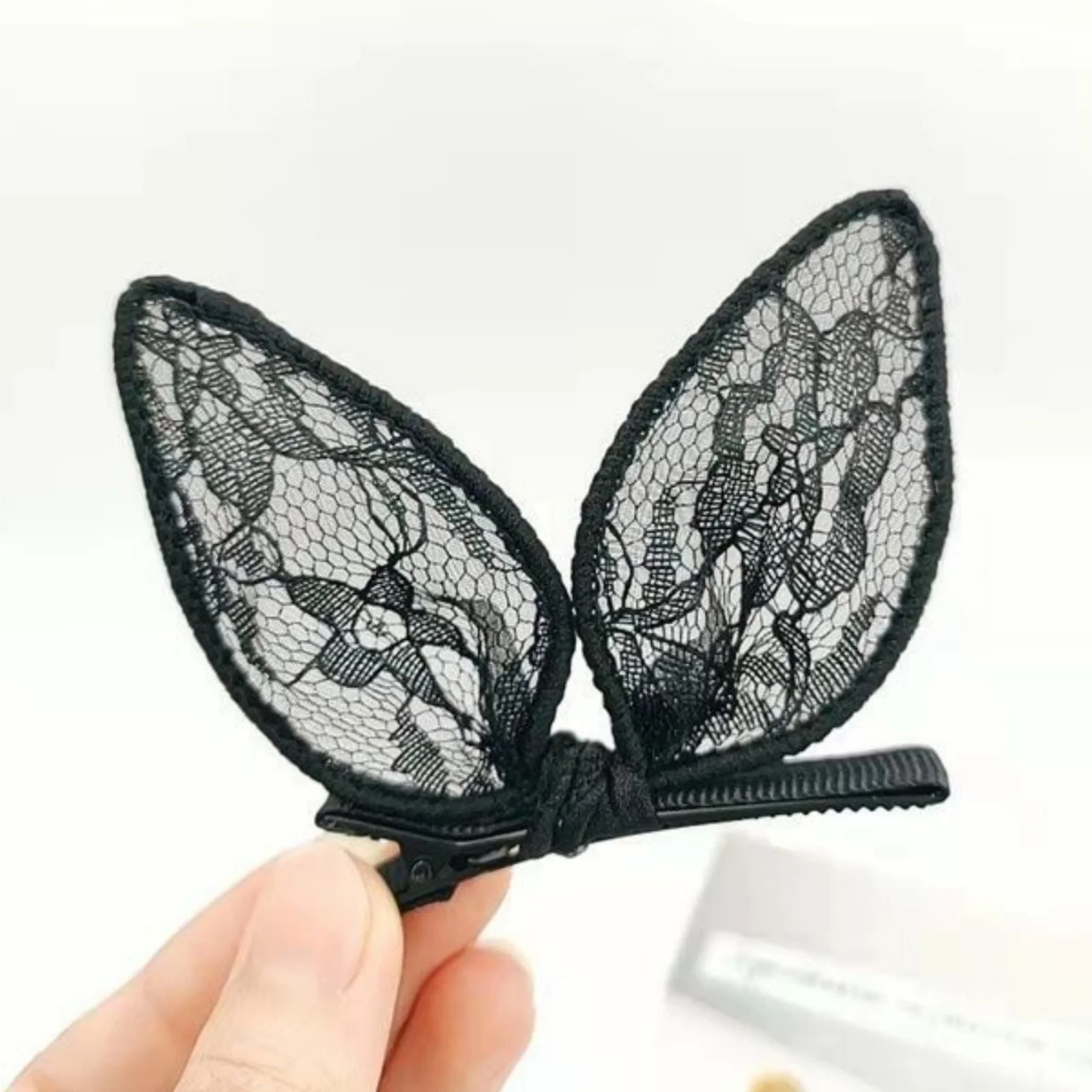 2PCS Black Rabbit Ears Broken Hair Clip Fashion Bangs Side Duckbill Clip Headdress Hundreds of Ribbon One Word Clip Hair Card
