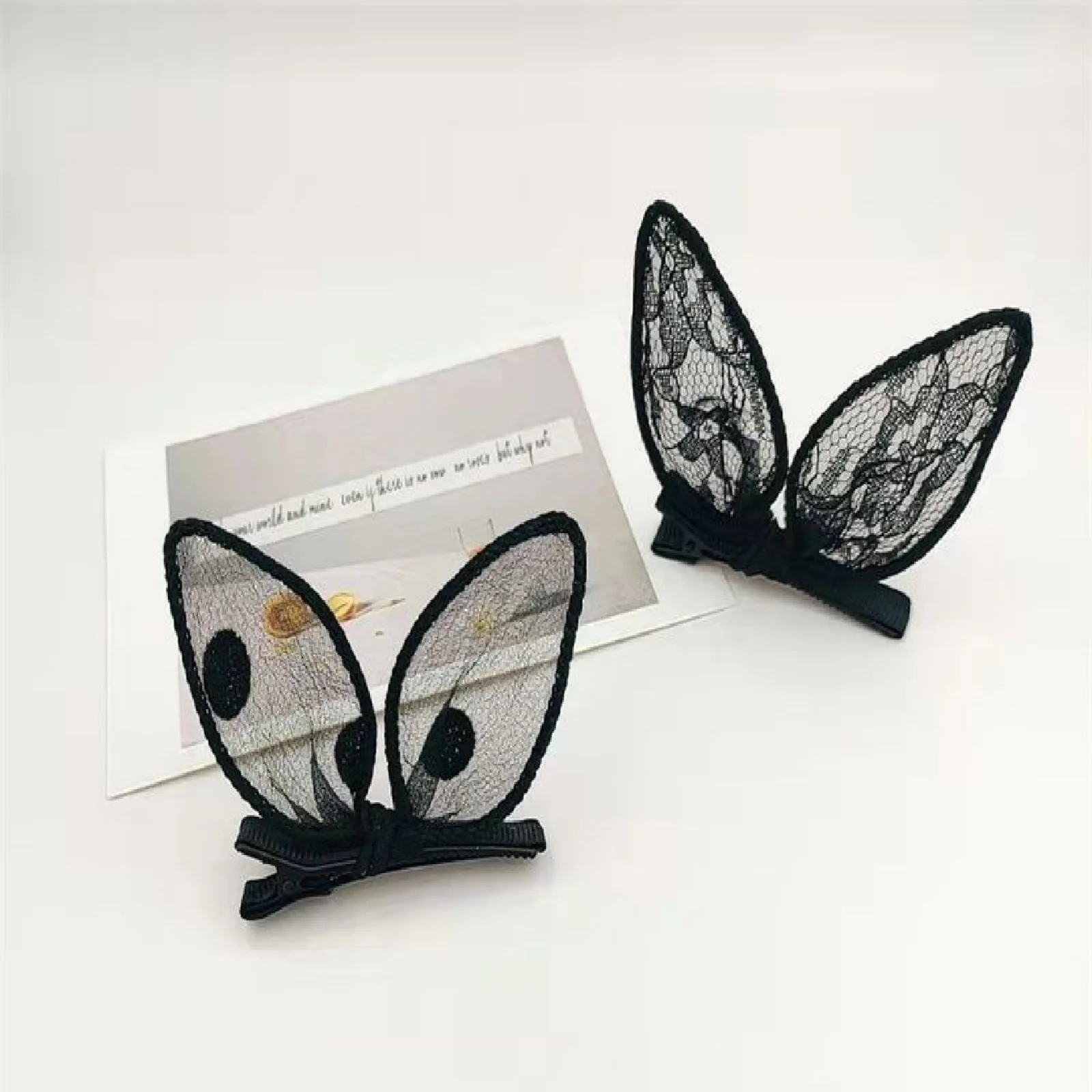 2PCS Black Rabbit Ears Broken Hair Clip Fashion Bangs Side Duckbill Clip Headdress Hundreds of Ribbon One Word Clip Hair Card