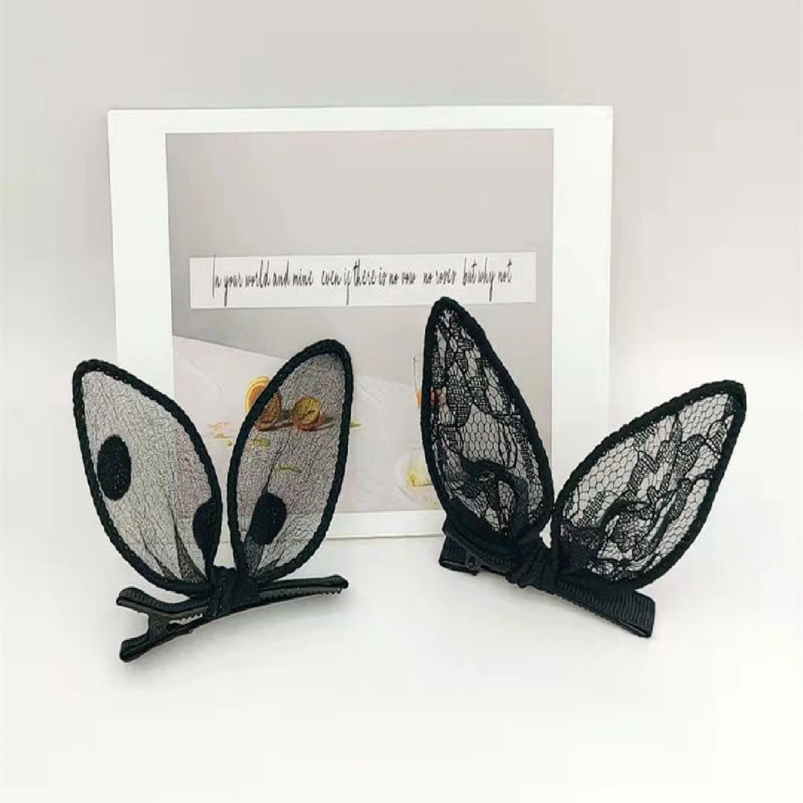 2PCS Black Rabbit Ears Broken Hair Clip Fashion Bangs Side Duckbill Clip Headdress Hundreds of Ribbon One Word Clip Hair Card