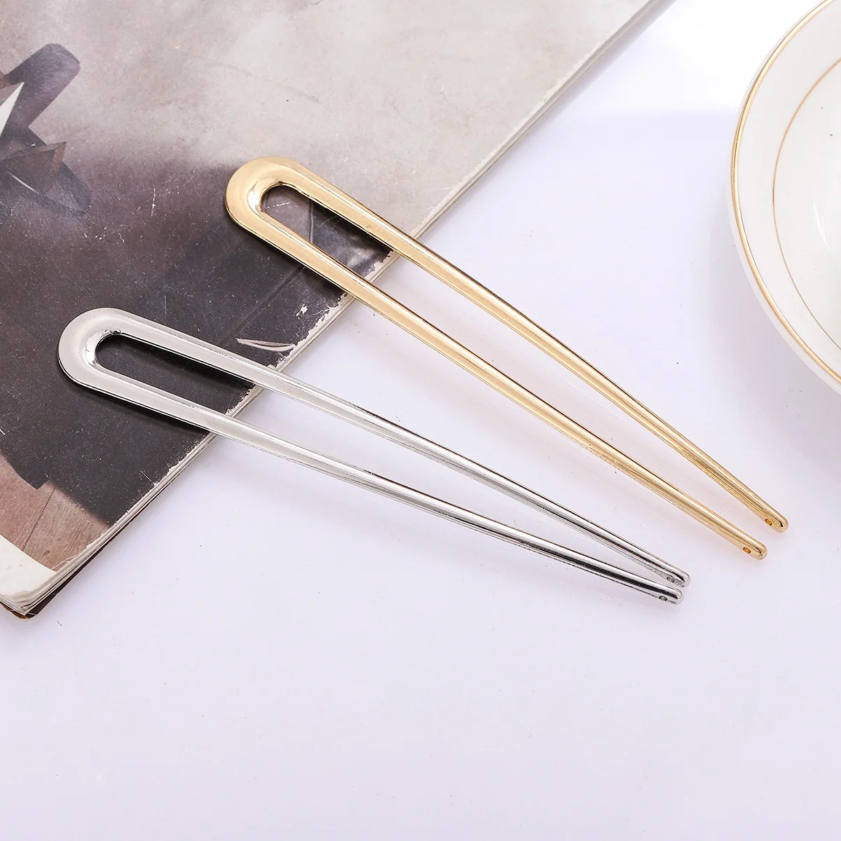 15cm U-Shaped Hair Fork Elegant Golden Silver-color Alloy Long Thick Hair French Hairpin Stick Women Girls Hair Accessories