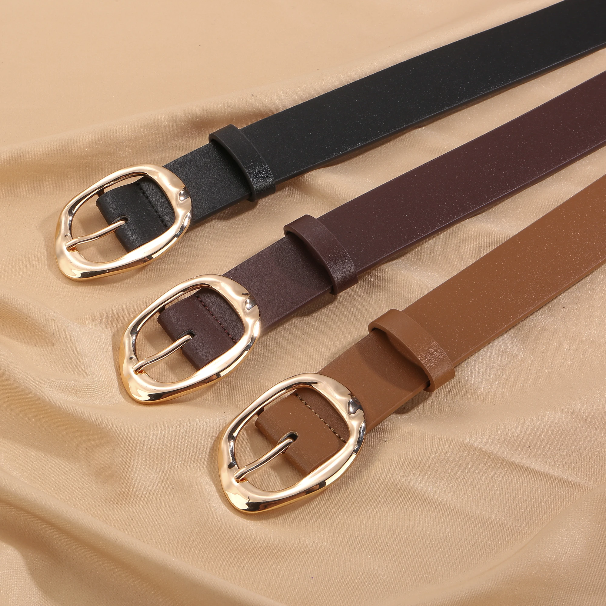 Women's Fashion Wide PU Leather Belt 3.3cm with Metal Geometric Pin Buckle Retro Style Waist Belt for Jeans Pants and Skirts