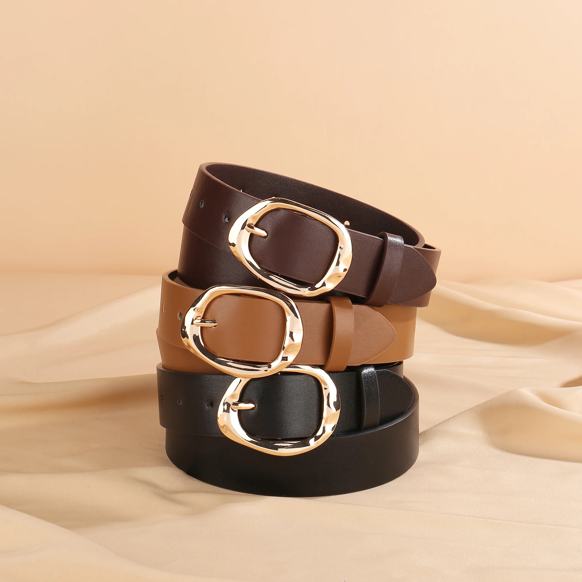 Women's Fashion Wide PU Leather Belt 3.3cm with Metal Geometric Pin Buckle Retro Style Waist Belt for Jeans Pants and Skirts