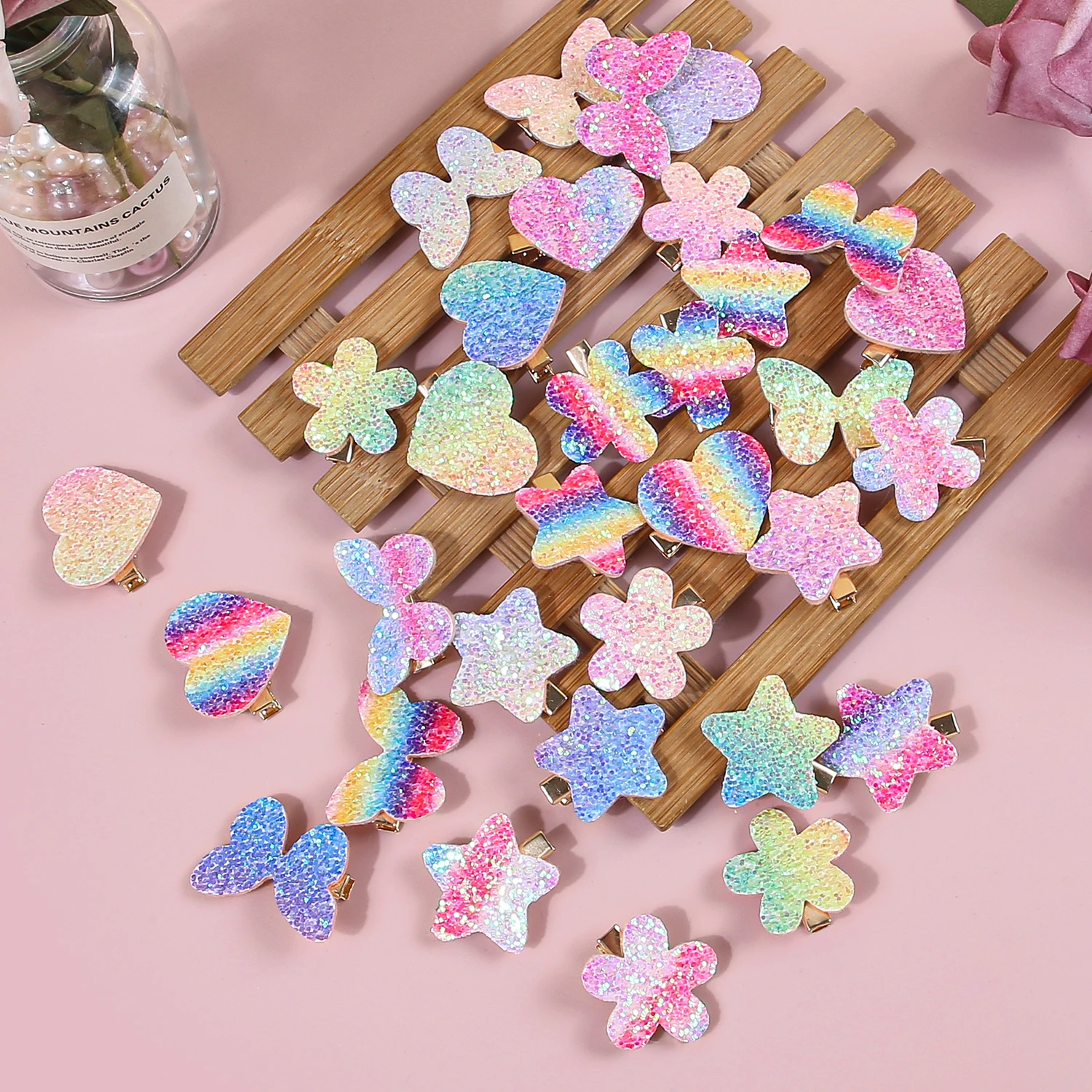 8/32pcs Sparkly Rainbow Star Hair Clips Girls Butterfly Hairpins Glitter Flower Heart Shaped Hair Clips Children Kids Headwear