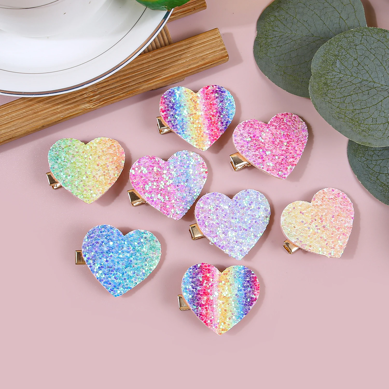 8/32pcs Sparkly Rainbow Star Hair Clips Girls Butterfly Hairpins Glitter Flower Heart Shaped Hair Clips Children Kids Headwear