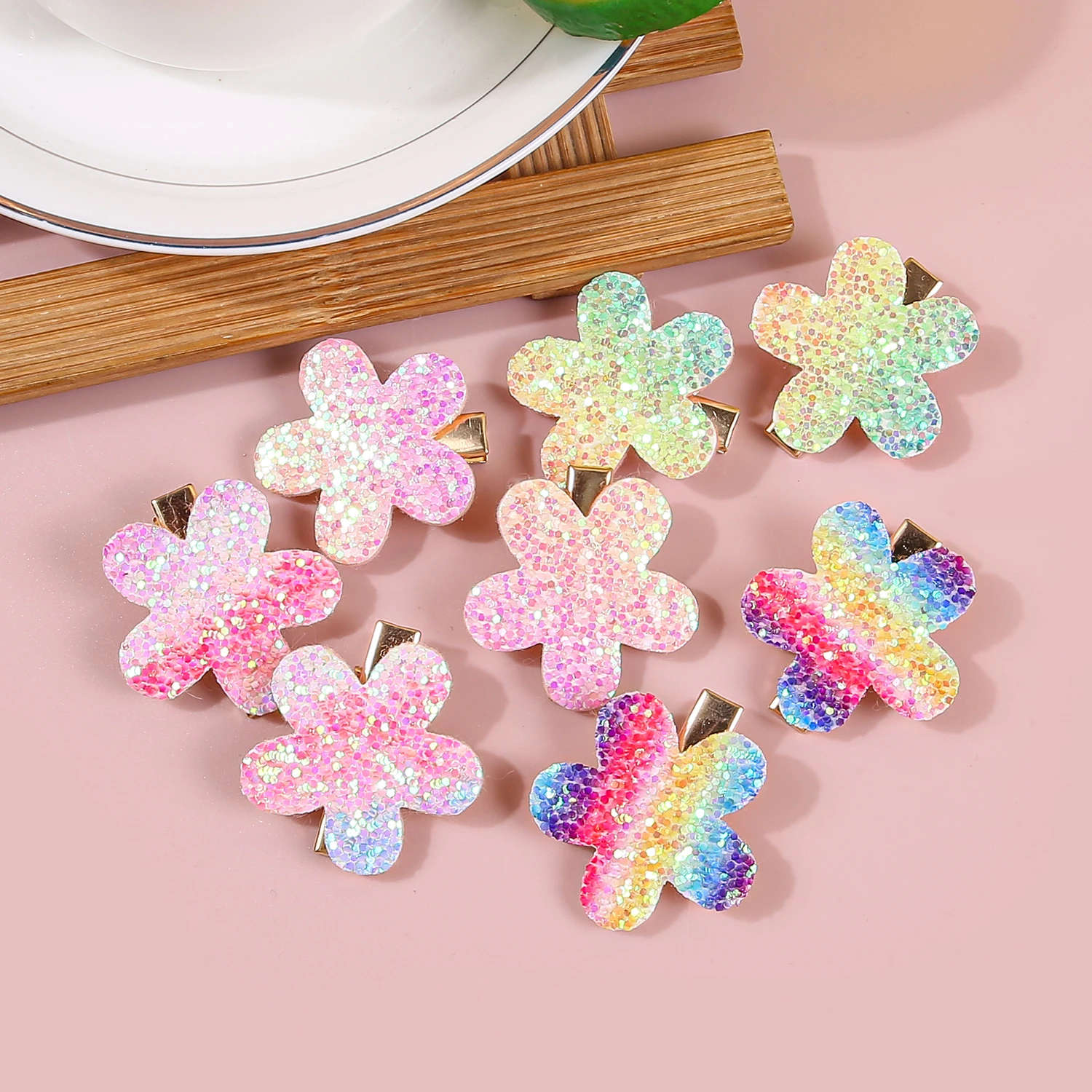 8/32pcs Sparkly Rainbow Star Hair Clips Girls Butterfly Hairpins Glitter Flower Heart Shaped Hair Clips Children Kids Headwear