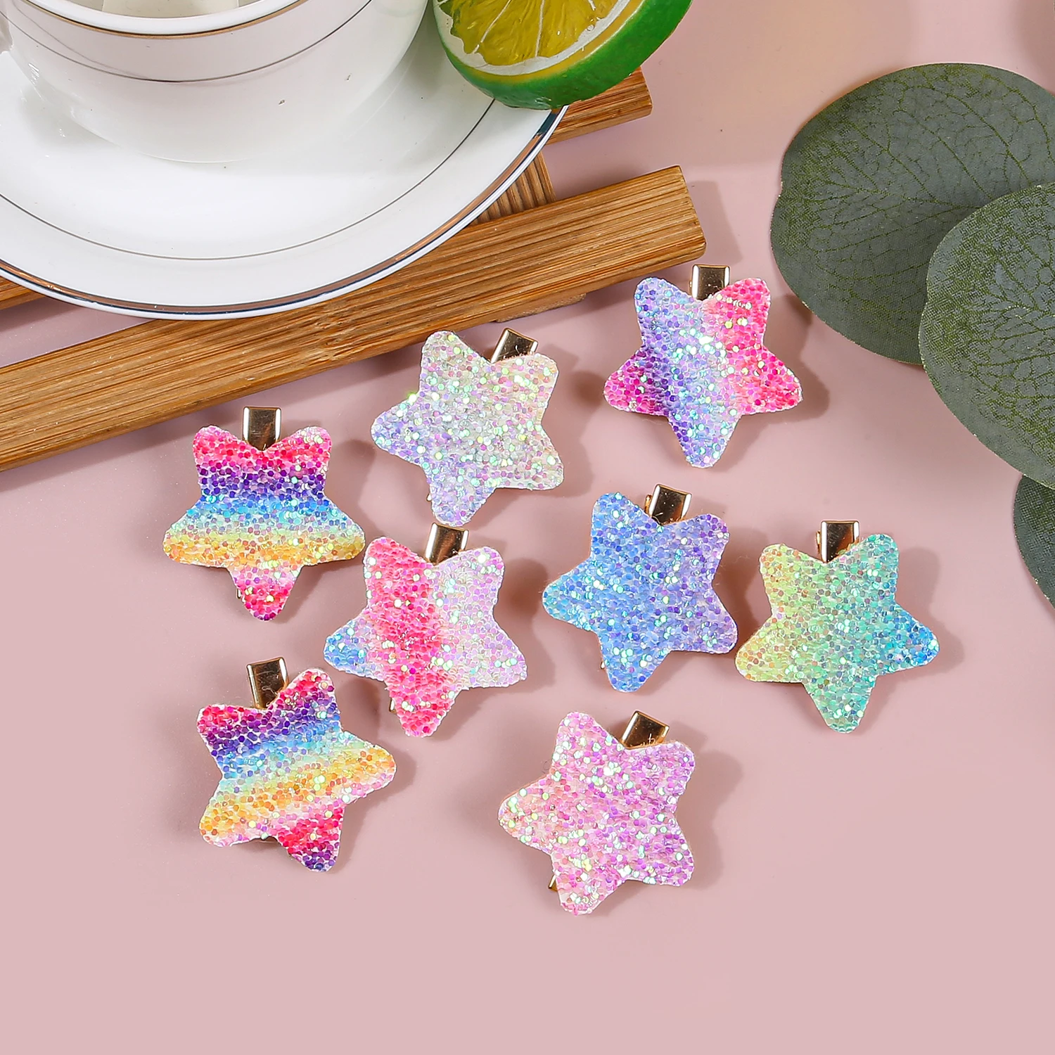 8/32pcs Sparkly Rainbow Star Hair Clips Girls Butterfly Hairpins Glitter Flower Heart Shaped Hair Clips Children Kids Headwear