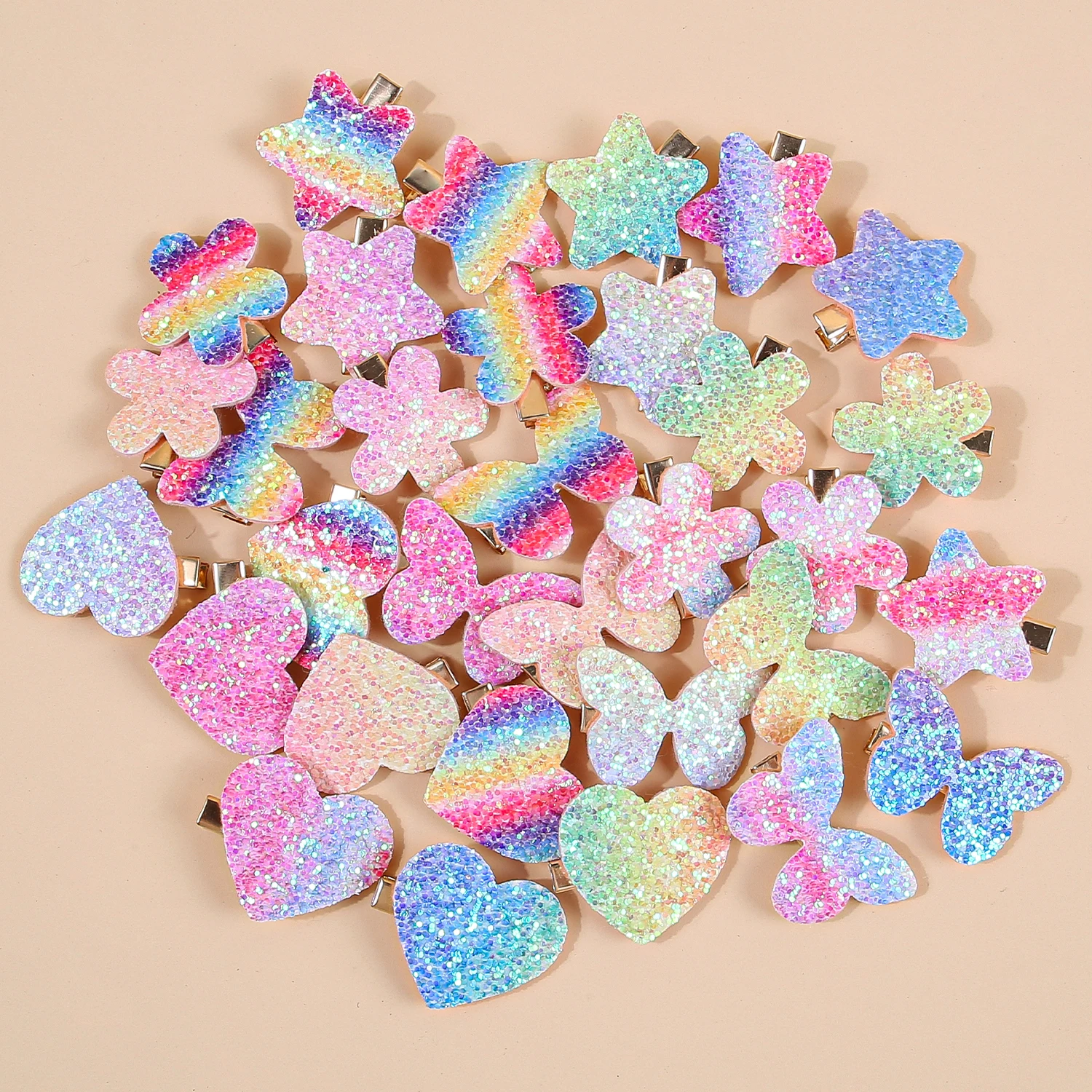 8/32pcs Sparkly Rainbow Star Hair Clips Girls Butterfly Hairpins Glitter Flower Heart Shaped Hair Clips Children Kids Headwear