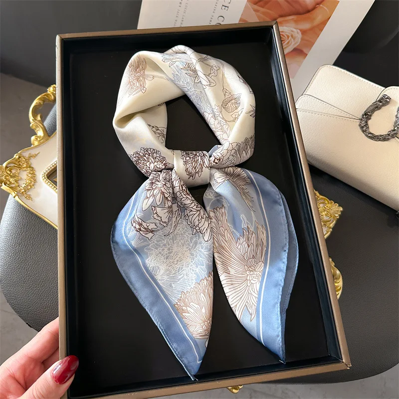 2024 Luxury Floral Print 70cm Square Silk Scarf Women Designer Scarves Bandana Foulard Shawl Hijab Echarpe Hairband Tie Ribbon