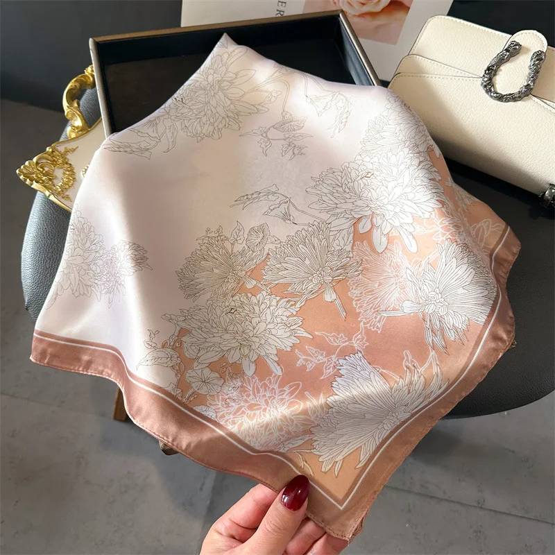 2024 Luxury Floral Print 70cm Square Silk Scarf Women Designer Scarves Bandana Foulard Shawl Hijab Echarpe Hairband Tie Ribbon