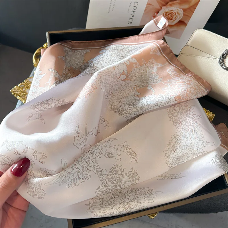 2024 Luxury Floral Print 70cm Square Silk Scarf Women Designer Scarves Bandana Foulard Shawl Hijab Echarpe Hairband Tie Ribbon