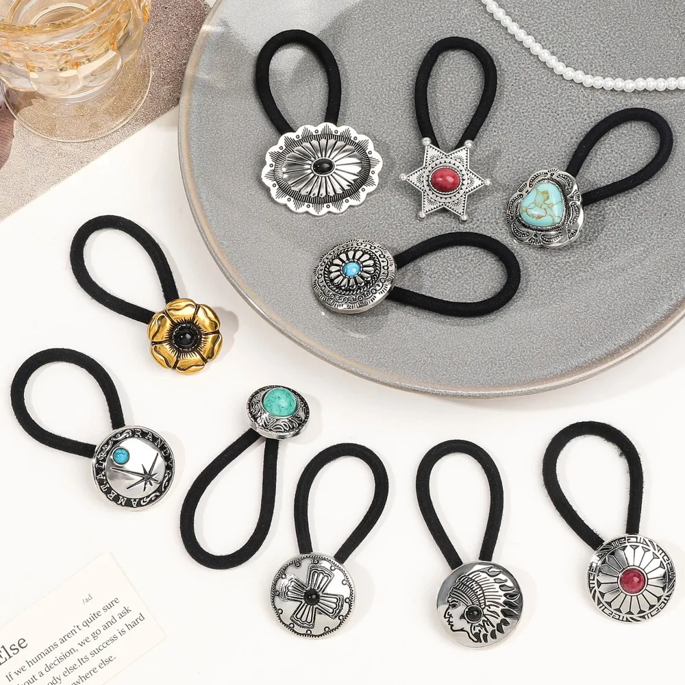 Boho Vintage Silvery Metal Hair Ties Ponytail Holder Ethnic Turquoise Black Elastic Bands Rope Scrunchie Women Hair Accessories