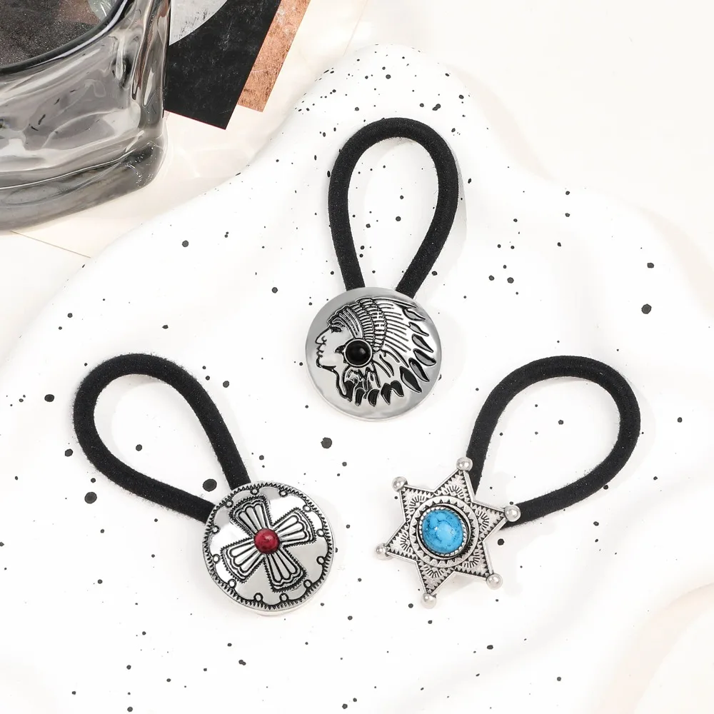 Boho Vintage Silvery Metal Hair Ties Ponytail Holder Ethnic Turquoise Black Elastic Bands Rope Scrunchie Women Hair Accessories